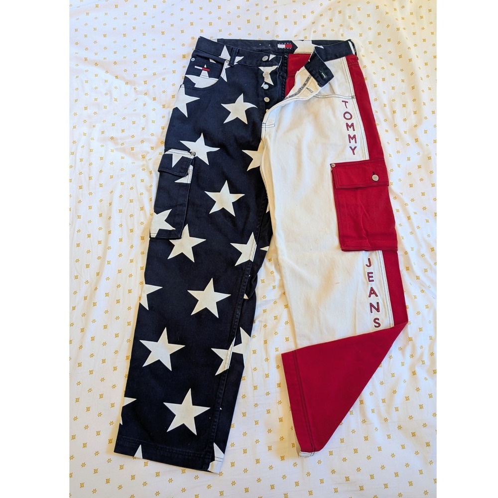 Tommy Hilfiger Vtg 90s Jeans Stars Stripes Flag Cargo Red White Blue Loose 33x31